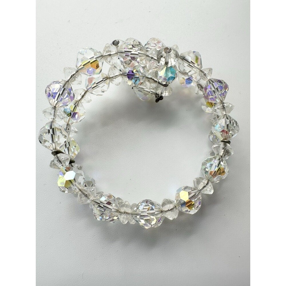 Vintage Aurora Borealis Crystal Beaded Bracelet Wrap around Silver Tone